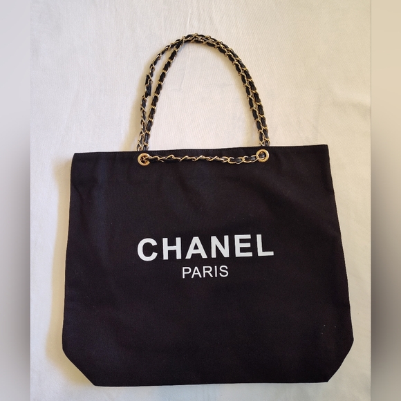 CHANEL Handbags - CHANEL Paris NWOT Canvas Chain Tote Bag Black Gold GWP NIP